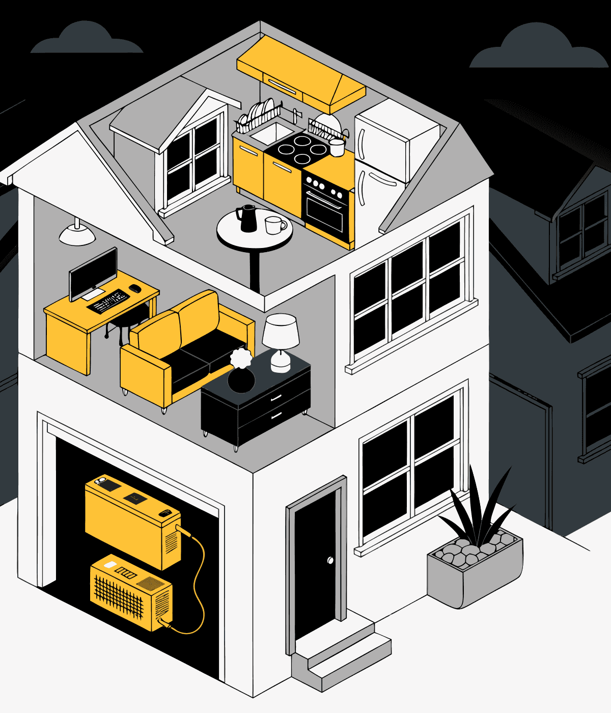 Cutaway of a home during a neighborhood outage — kitchen, office, and living room lit from the battery in the garage