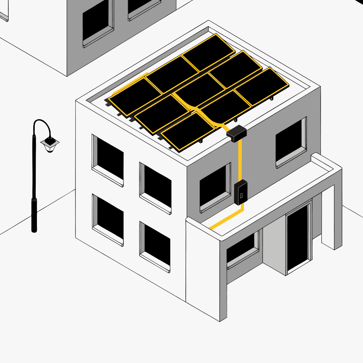 A solar home with dark windows during an outage — grid-tied panels shut down with the grid