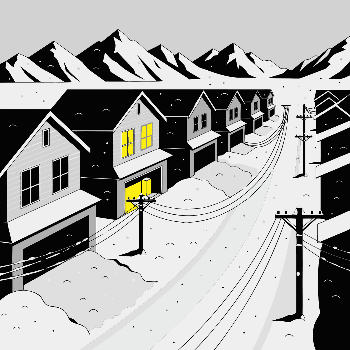 A Utah street in a winter outage — every house dark except one, its battery in the open garage