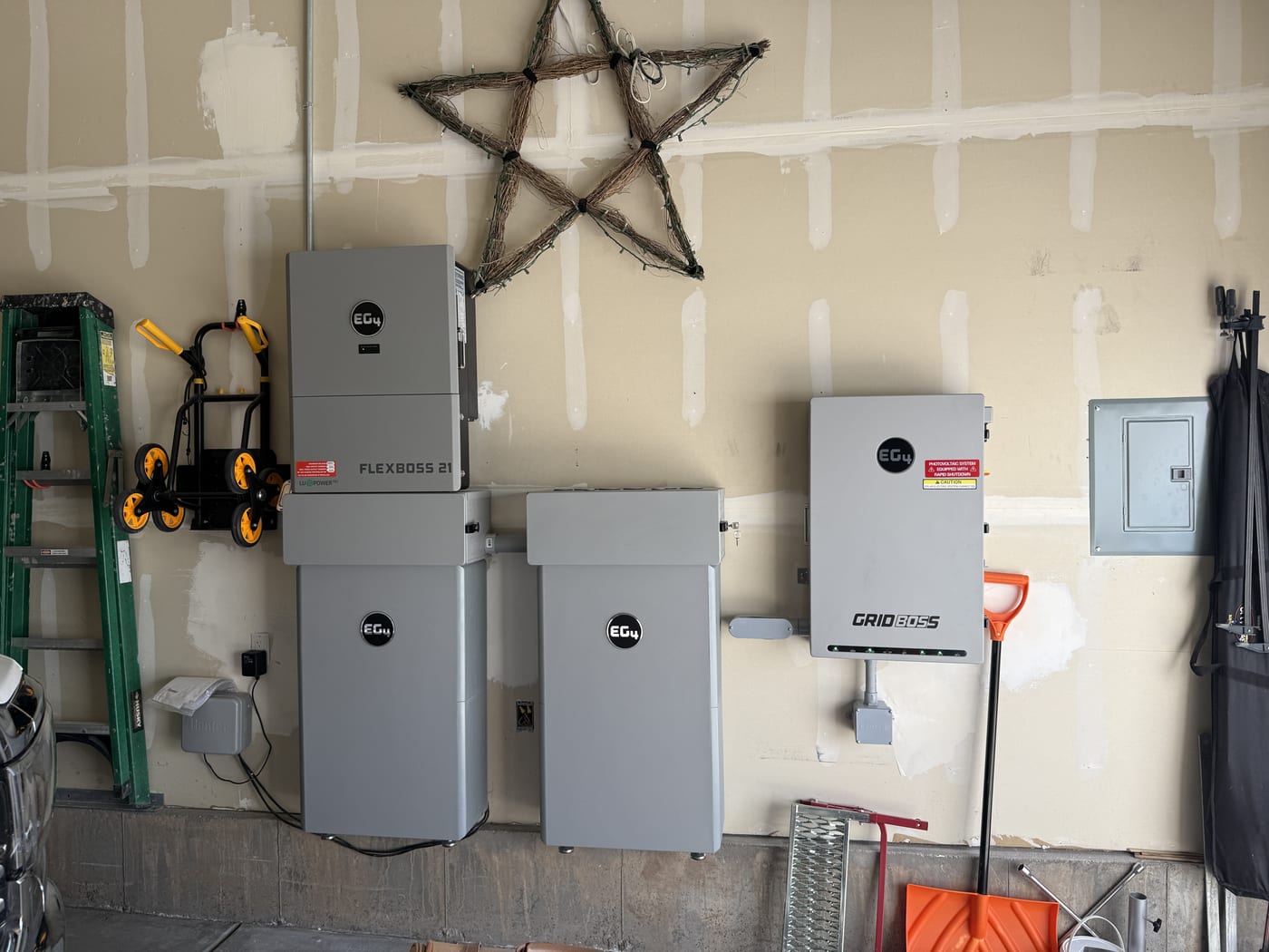 Full EG4 system - GridBOSS, FlexBOSS 21, two batteries with electrical panel and star decoration