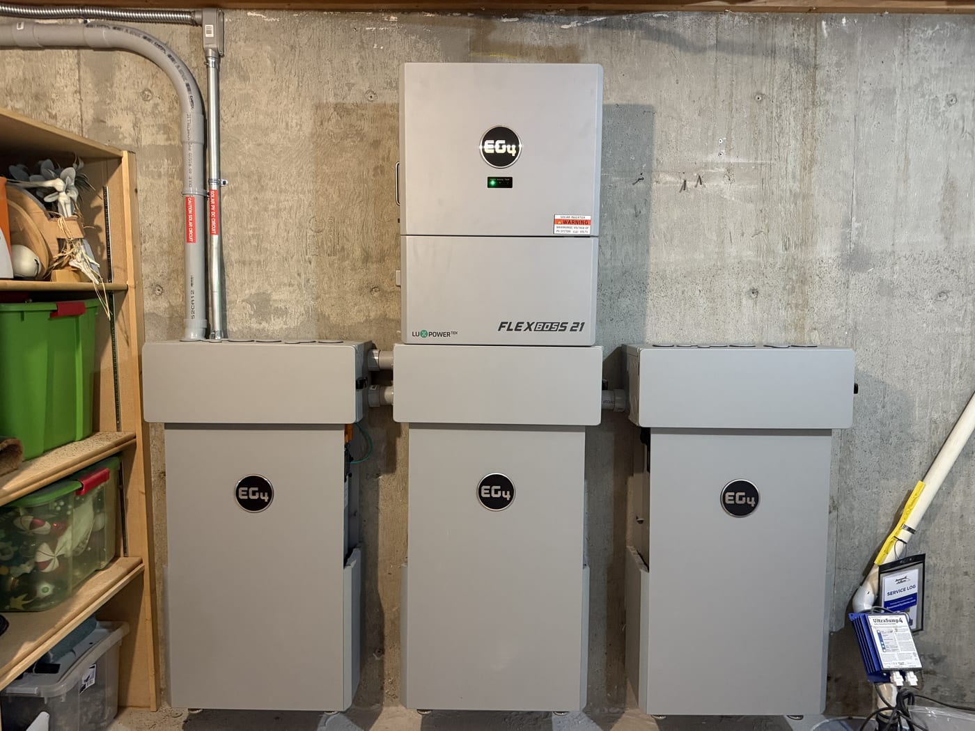 Three EG4 battery units and FlexBOSS 21 mounted on concrete wall for massive 43.9kWh storage system