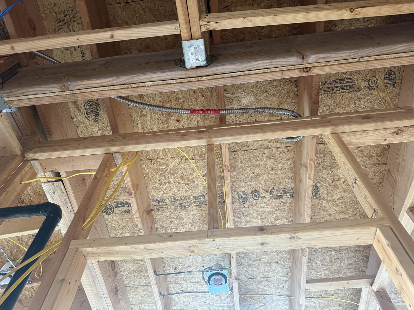 Rapid shutdown initiator box with red button and PV System Equipped With Rapid Shutdown label on green ZIP sheathing